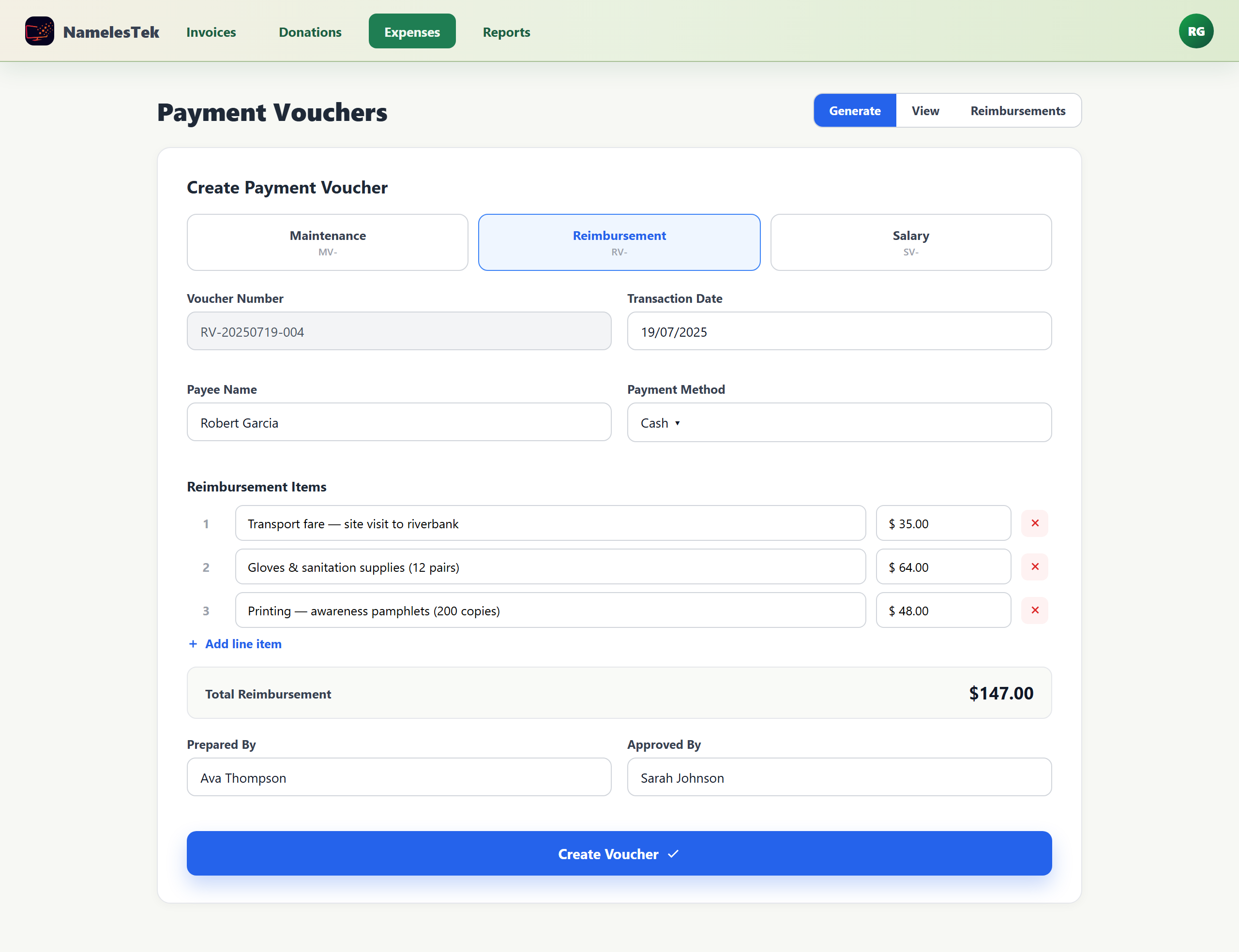 Expense voucher creation