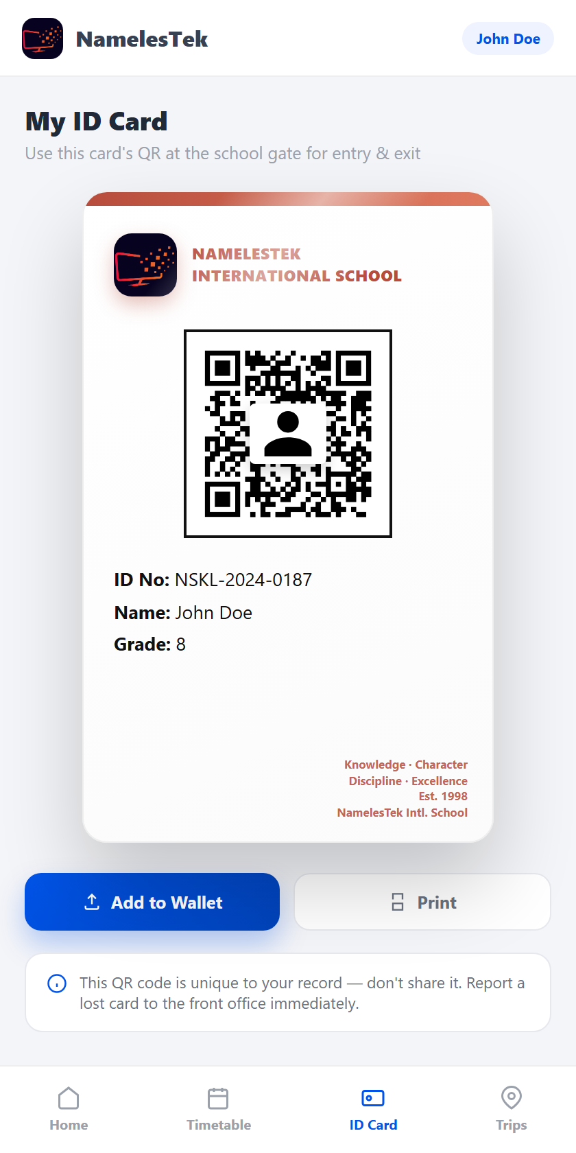Student QR ID card