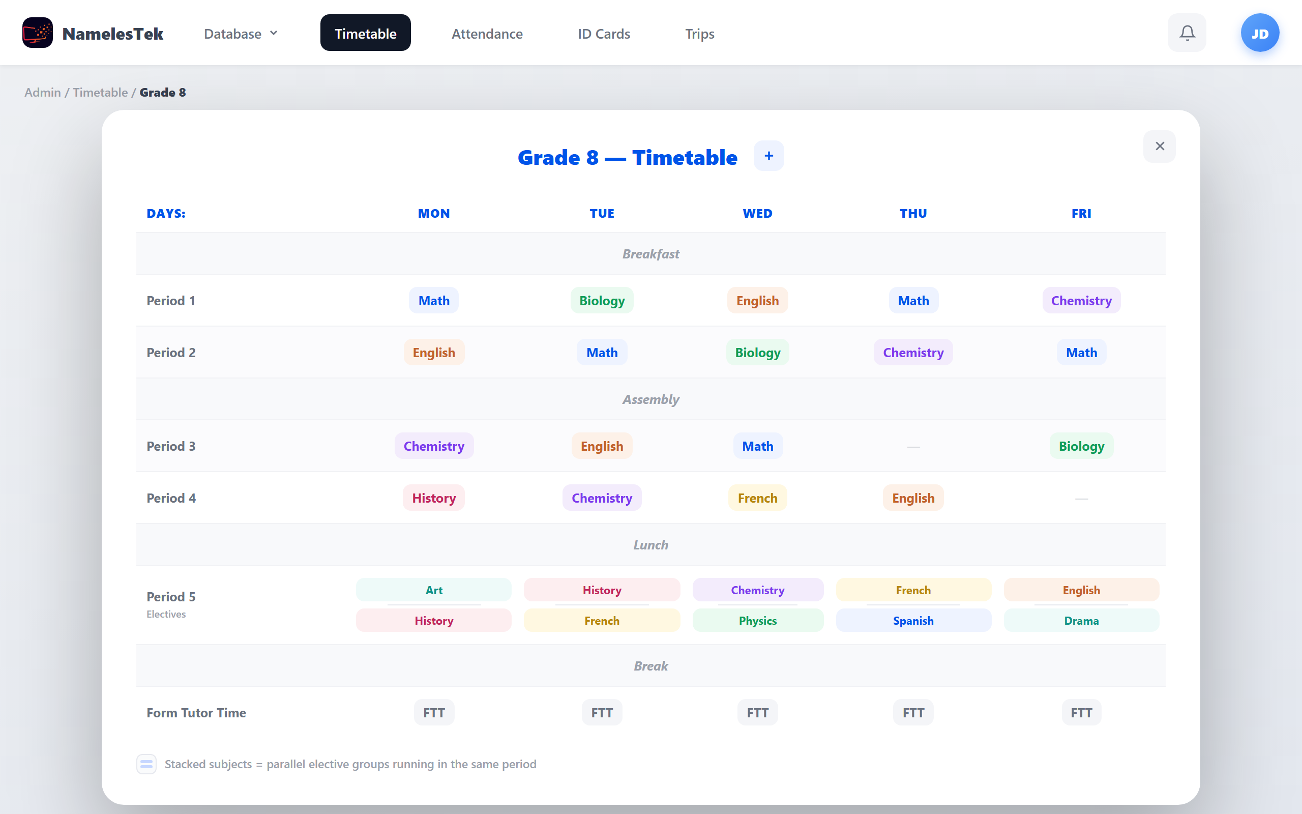 Timetable with concurrent electives